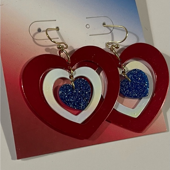 Patriotic Red and Blue Heart Earrings - Picture 1 of 2